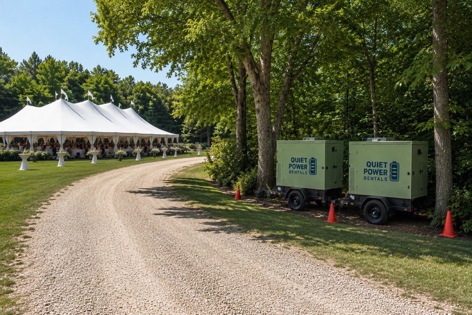 Quiet Power Rentals battery units deployed at a wedding tent