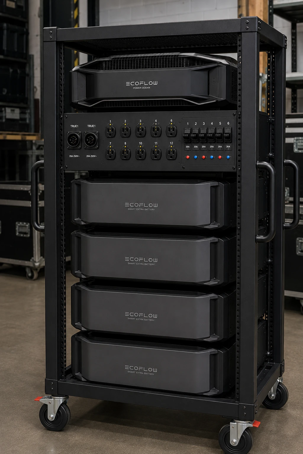 Ultra X rental package — EcoFlow POWER OCEAN inverter with 4 Smart Extra Batteries, rack-mounted